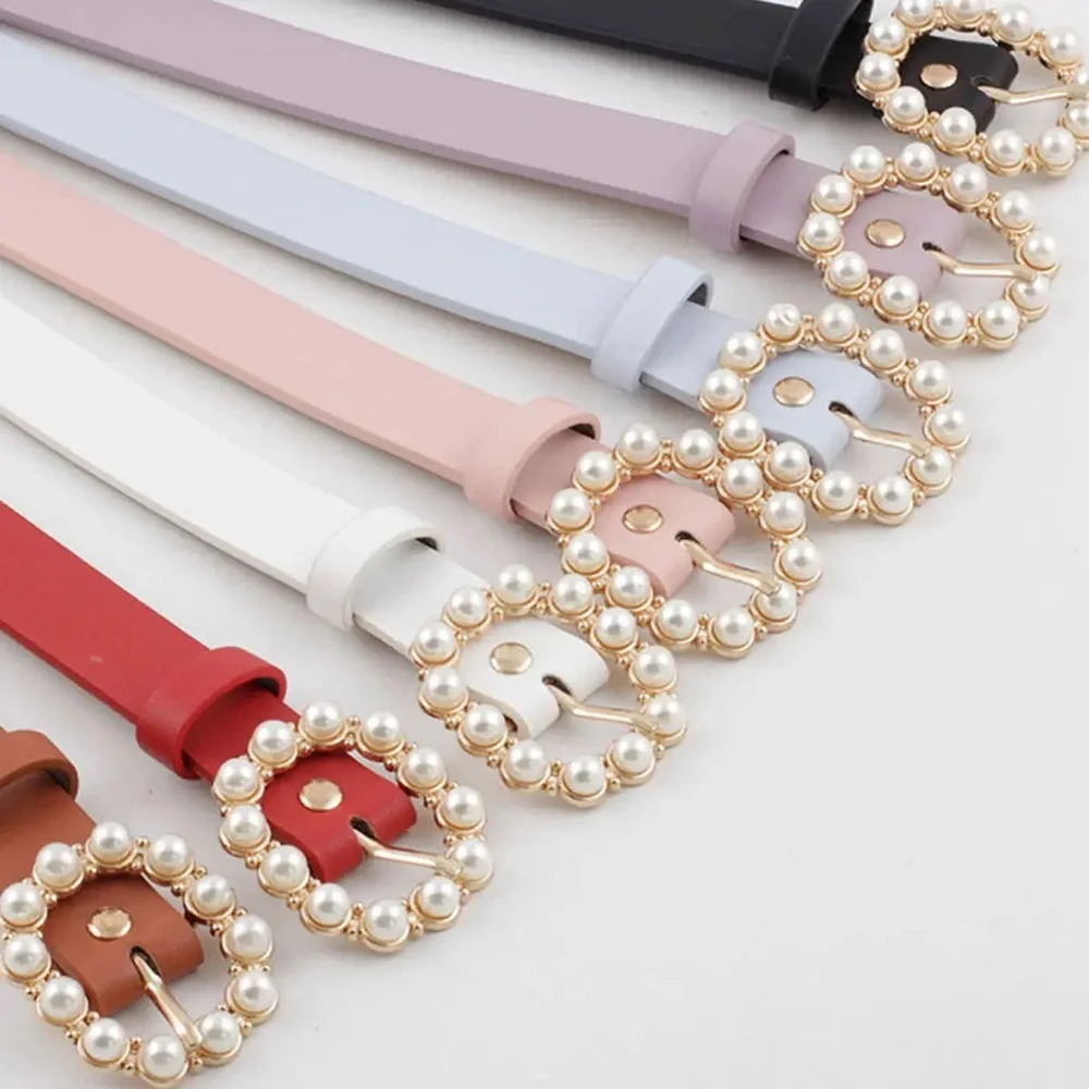 Elegant Tan Faux Leather Belt with Pearl-Embellished Oval Buckle